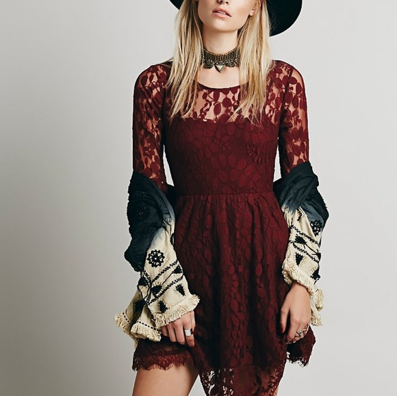 Free People Dresses & Skirts - Size 4 Free People Maroon Floral Mesh Midi Dress